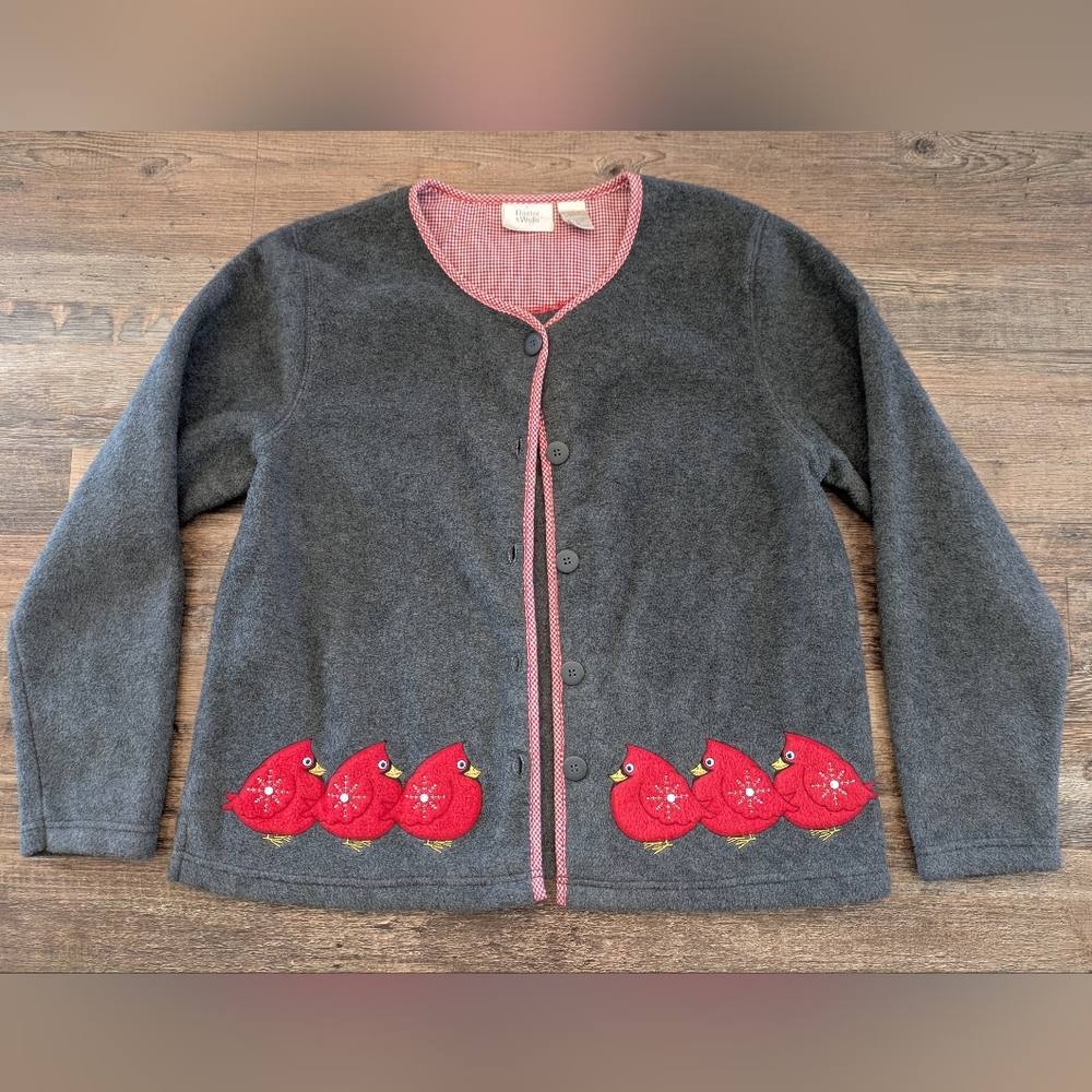 Vintage Baxter & Wells Embroidered Birds Winter Cardigan Gingham Sweater Sz M